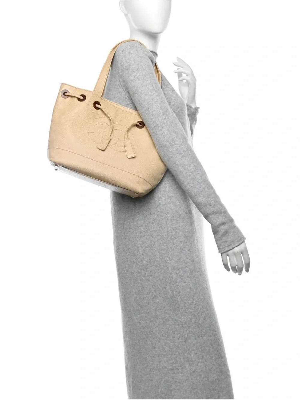 Authentic CHANEL caviar leather wood CC mini drawstring bucket bag
